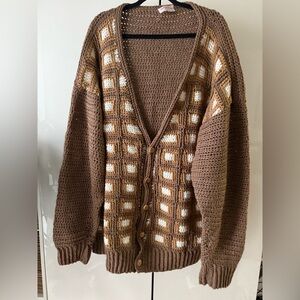 Brown and White handmade knit blanket cardigan Sweater one of a kind 3X Large